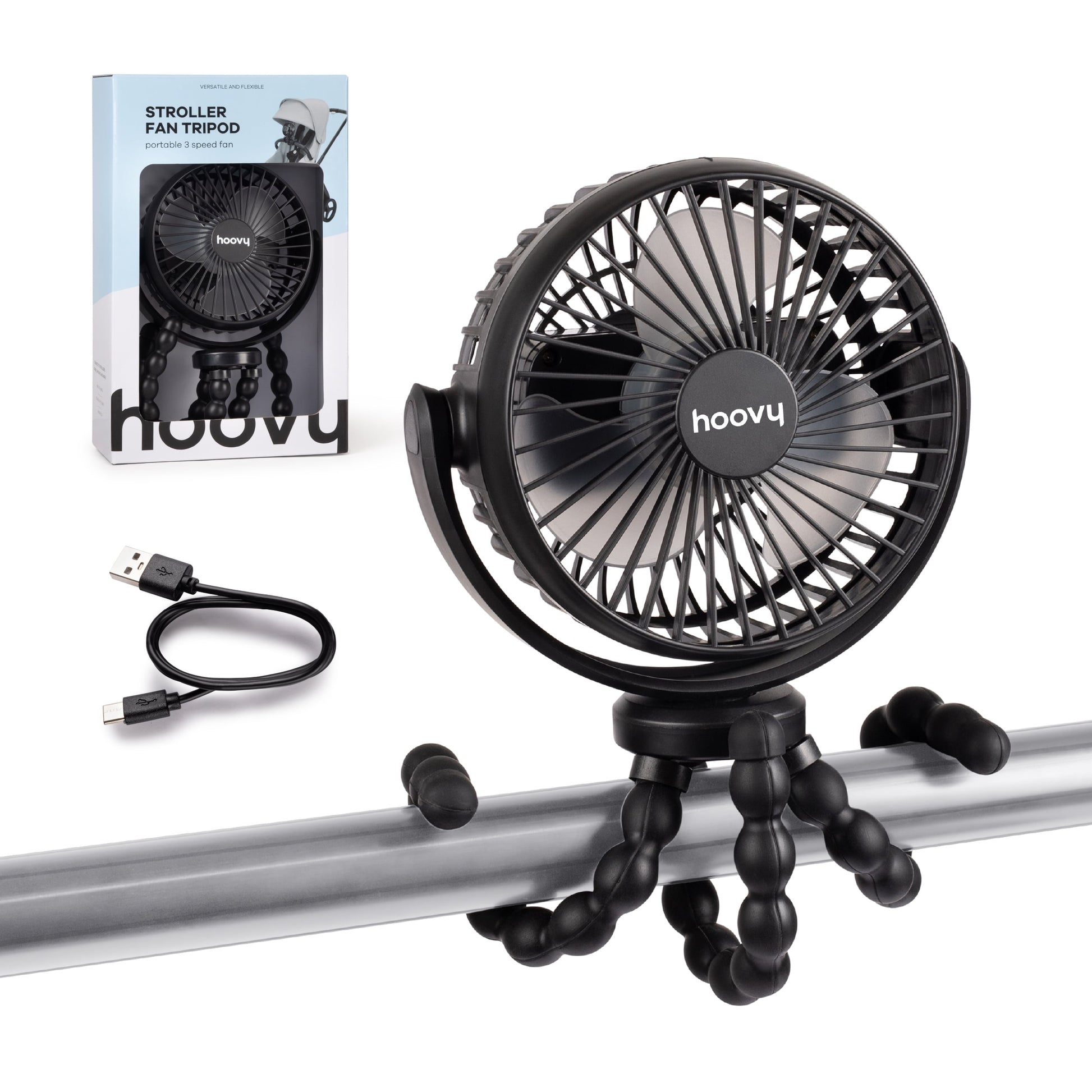 Hoovy Portable Rechargeable Stroller Fan with Flexible Tripod Legs