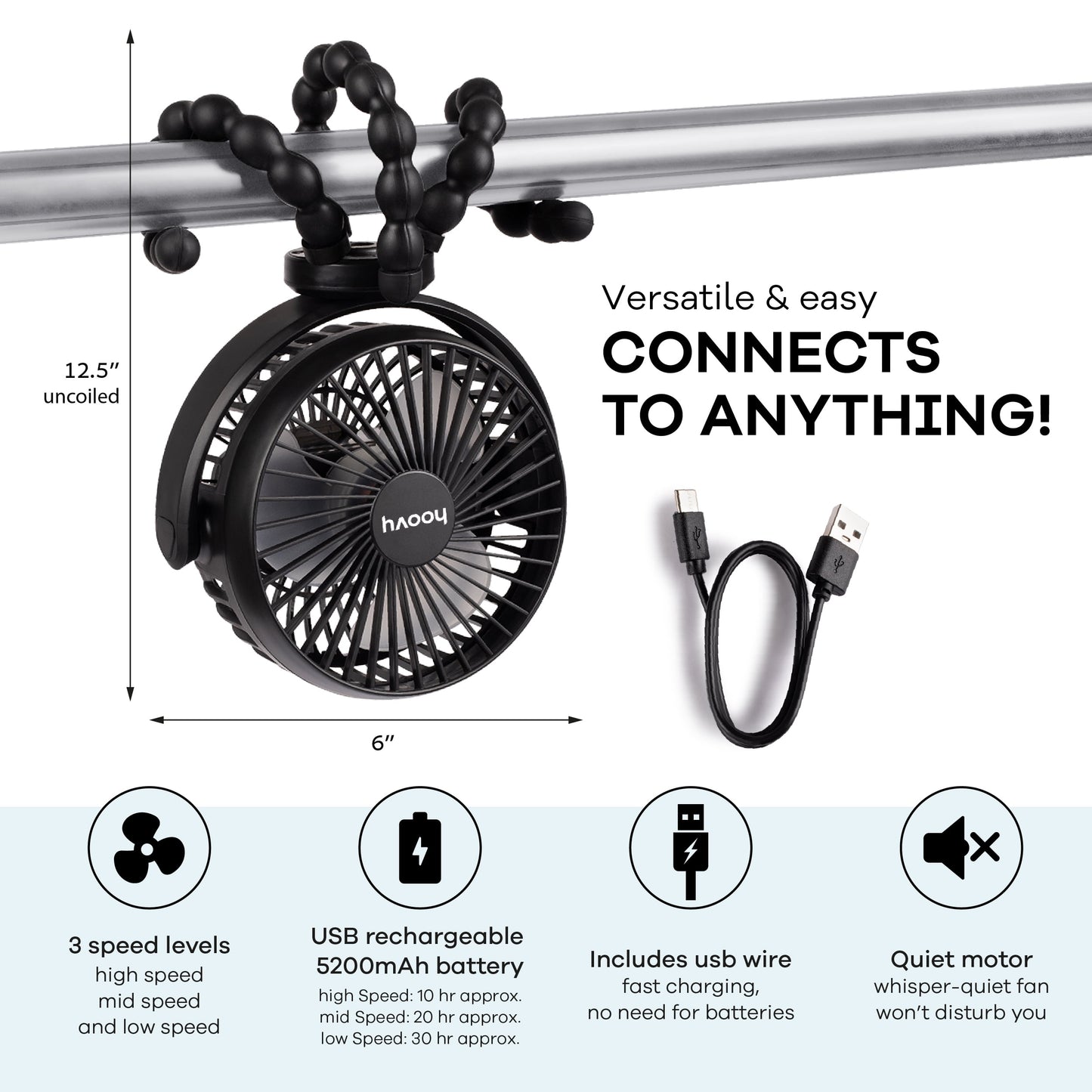 Hoovy Portable Rechargeable Stroller Fan with Flexible Tripod Legs