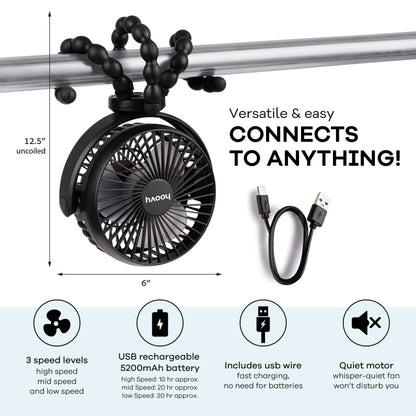 Hoovy Portable Rechargeable Stroller Fan with Flexible Tripod Legs