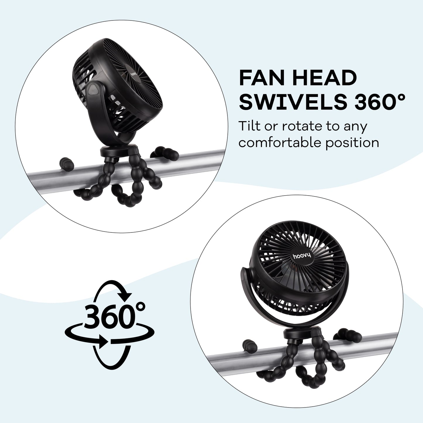 Hoovy Portable Rechargeable Stroller Fan with Flexible Tripod Legs