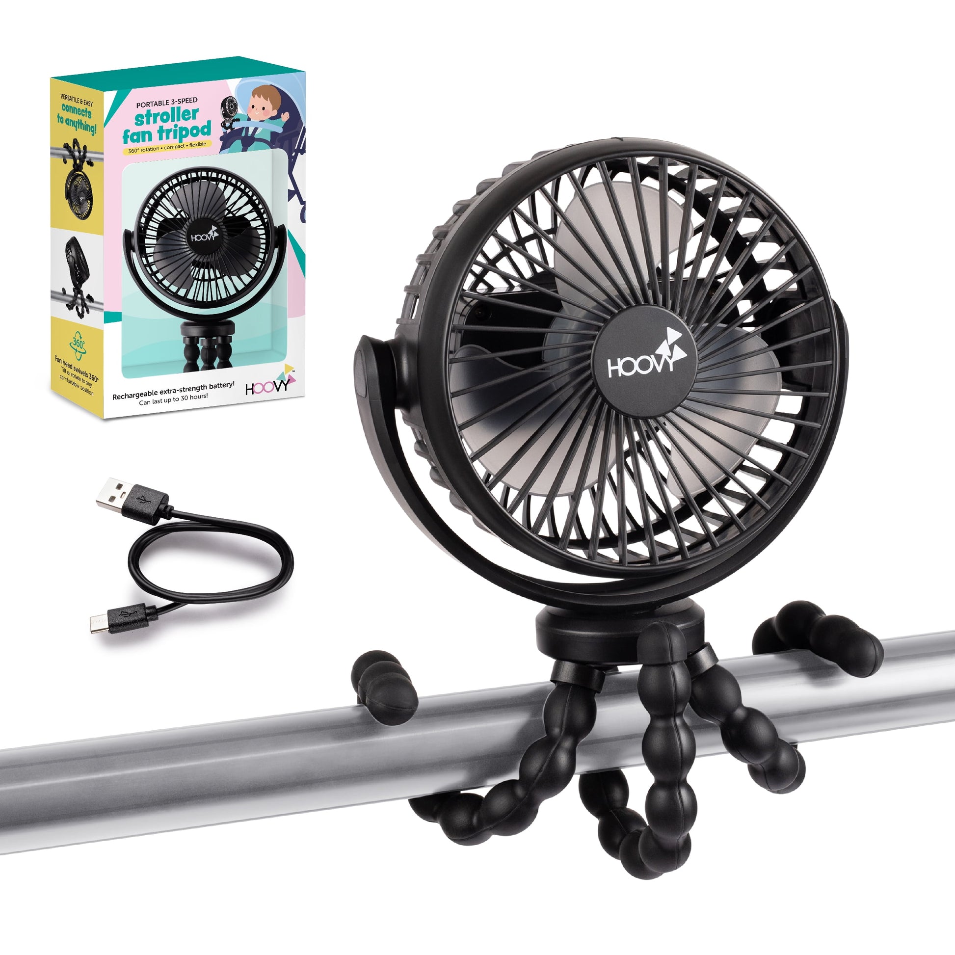 Hoovy Portable Rechargeable Stroller Fan with Flexible Tripod Legs