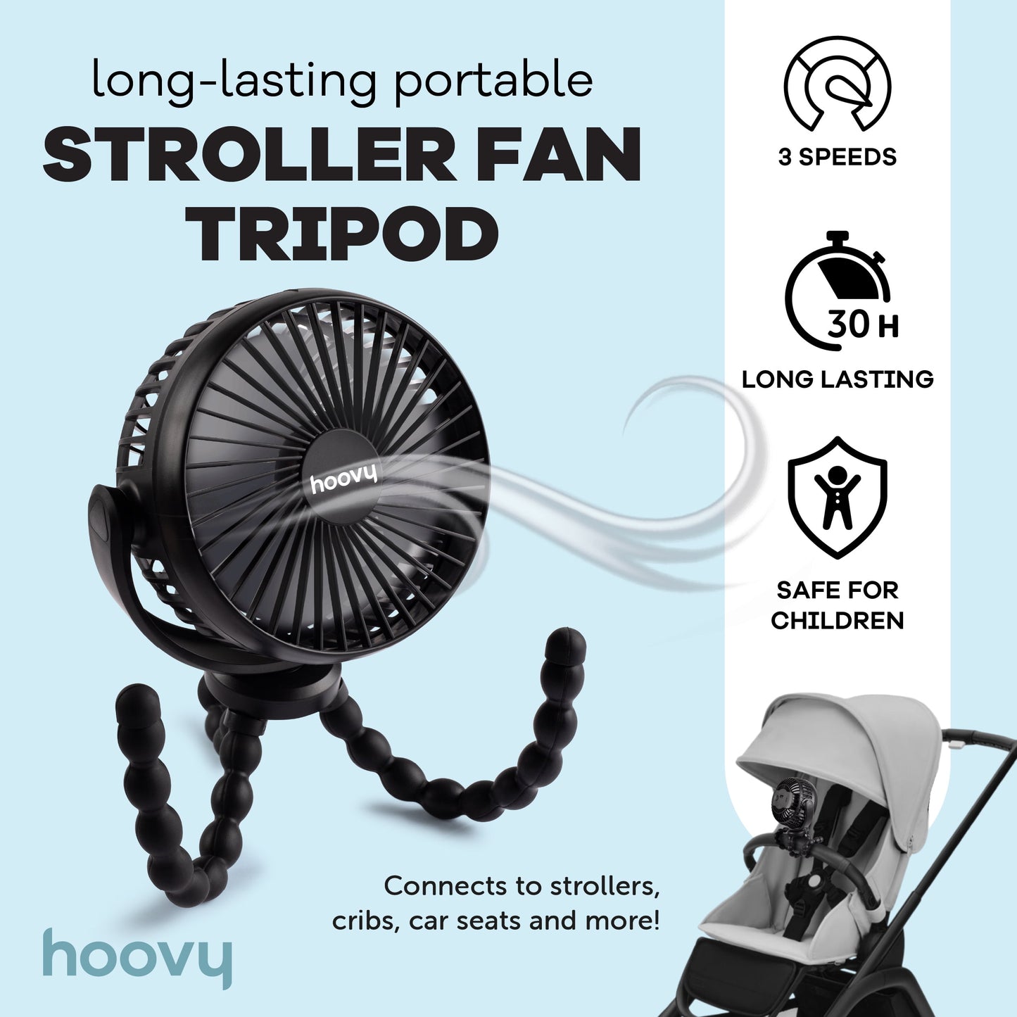 Hoovy Portable Rechargeable Stroller Fan with Flexible Tripod Legs