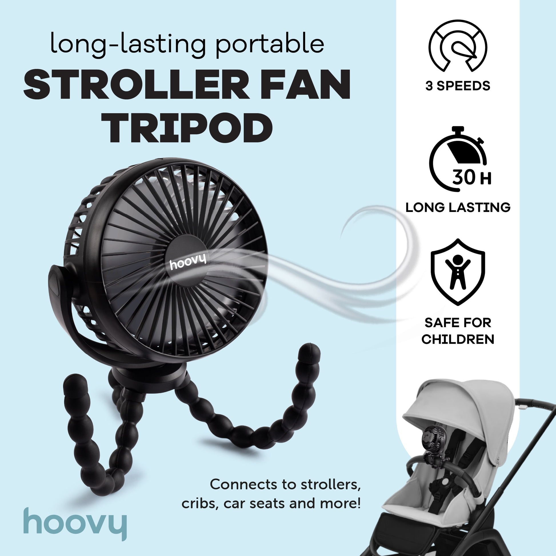 Hoovy Portable Rechargeable Stroller Fan with Flexible Tripod Legs